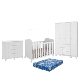 Dormitório Júnior Guarda Roupa 4 Portas, Cômoda 1 Porta e Berço Uli Branco Brilho com Colchão Baby Physical - Móveis Peroba