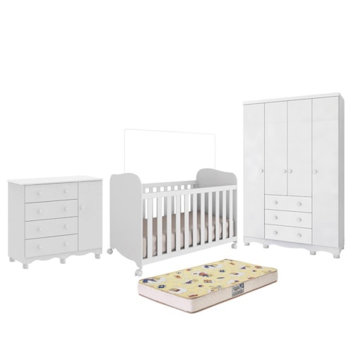 Dormitório Júnior Guarda Roupa 4 Portas, Cômoda 1 Porta e Berço Uli Branco Brilho com Colchão Supreme - Móveis Peroba