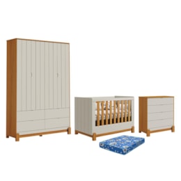 Dormitório Lotus Frisado Guarda Roupa, Cômoda 4 Gavetas e Berço Areia Fosco/Savana com Colchão Physical - Reller Móveis Dormitório Lotus Frisado Guarda Roupa, Cômoda 4 Gavetas e Berço Areia Fosco/Savana com Colchão Physical - Reller Móveis
