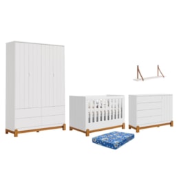 Dormitório Lotus Frisado Guarda Roupa, Cômoda, Berço Branco Fosco com Colchão Physical e Prateleira - Reller Móveis Dormitório Lotus Frisado Guarda Roupa, Cômoda, Berço Branco Fosco com Colchão Physical e Prateleira - Reller Móveis