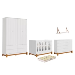 Dormitório Lotus Frisado Guarda Roupa, Cômoda, Berço Branco Fosco com Colchão Supreme e Prateleira - Reller Móveis Dormitório Lotus Frisado Guarda Roupa, Cômoda, Berço Branco Fosco com Colchão Supreme e Prateleira - Reller Móveis