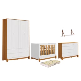 Dormitório Lotus Frisado Guarda Roupa, Cômoda, Berço Branco Fosco/Savana com Colchão Supreme e Prateleira - Reller Móveis Dormitório Lotus Frisado Guarda Roupa, Cômoda, Berço Branco Fosco/Savana com Colchão Supreme e Prateleira - Reller Móveis