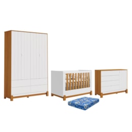 Dormitório Lotus Liso Guarda Roupa, Cômoda 1 Porta e Berço Branco Fosco/Savana com Colchão Physical - Reller Móveis Dormitório Lotus Liso Guarda Roupa, Cômoda 1 Porta e Berço Branco Fosco/Savana com Colchão Physical - Reller Móveis