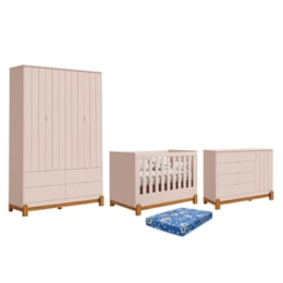 Dormitório Lotus Liso Guarda Roupa, Cômoda 1 Porta e Berço Rosa Fosco com Colchão Physical - Reller Móveis Dormitório Lotus Liso Guarda Roupa, Cômoda 1 Porta e Berço Rosa Fosco com Colchão Physical - Reller Móveis