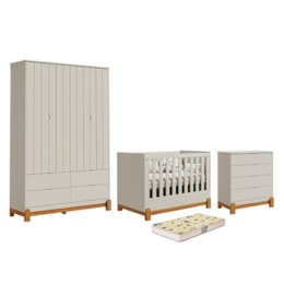 Dormitório Lotus Liso Guarda Roupa, Cômoda 4 Gavetas e Berço Areia Fosco com Colchão Supreme - Reller Móveis Dormitório Lotus Liso Guarda Roupa, Cômoda 4 Gavetas e Berço Areia Fosco com Colchão Supreme - Reller Móveis