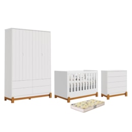 Dormitório Lotus Liso Guarda Roupa, Cômoda 4 Gavetas e Berço Branco Fosco com Colchão Supreme - Reller Móveis  Dormitório Lotus Liso Guarda Roupa, Cômoda 4 Gavetas e Berço Branco Fosco com Colchão Supreme - Reller Móveis