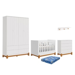 Dormitório Lotus Liso Guarda Roupa, Cômoda, Berço Branco Fosco com Colchão Physical e Prateleira - Reller Móveis Dormitório Lotus Liso Guarda Roupa, Cômoda, Berço Branco Fosco com Colchão Physical e Prateleira - Reller Móveis