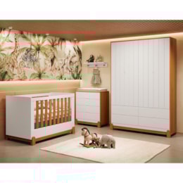 Dormitório Lotus Liso Guarda Roupa, Cômoda, Berço Branco Fosco/Savana com Colchão Physical e Prateleira - Reller Móveis Dormitório Lotus Liso Guarda Roupa, Cômoda, Berço Branco Fosco/Savana com Colchão Physical e Prateleira - Reller Móveis