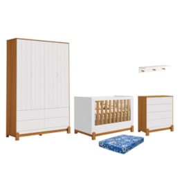 Dormitório Lotus Liso Guarda Roupa, Cômoda, Berço Branco Fosco/Savana com Colchão Physical e Prateleira - Reller Móveis Dormitório Lotus Liso Guarda Roupa, Cômoda, Berço Branco Fosco/Savana com Colchão Physical e Prateleira - Reller Móveis
