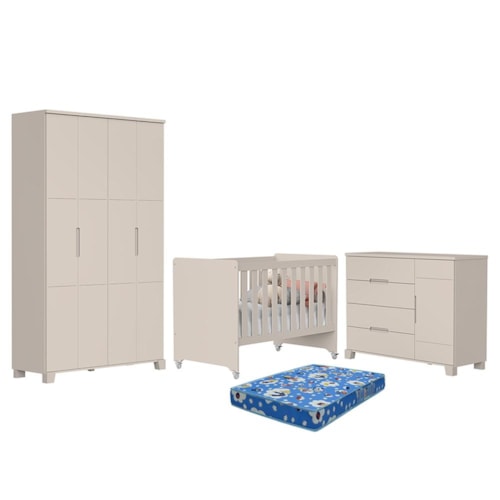 Dormitório Luna Guarda Roupa, Cômoda 1 Porta e Berço Evolution Areia Fosco com Colchão Baby Physical - Reller Móveis