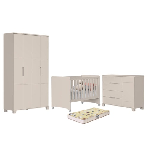Dormitório Luna Guarda Roupa, Cômoda 1 Porta e Berço Evolution Areia Fosco com Colchão Supreme - Reller Móveis