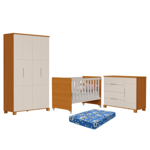 Dormitório Luna Guarda Roupa, Cômoda 1 Porta e Berço Evolution Areia Fosco/Savana com Colchão Baby Physical - Reller Móveis