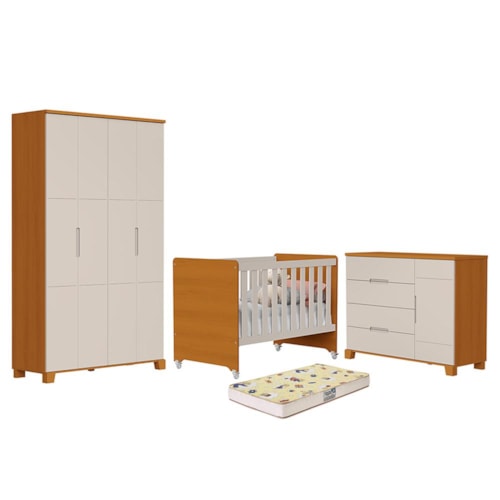Dormitório Luna Guarda Roupa, Cômoda 1 Porta e Berço Evolution Areia Fosco/Savana com Colchão Supreme - Reller Móveis