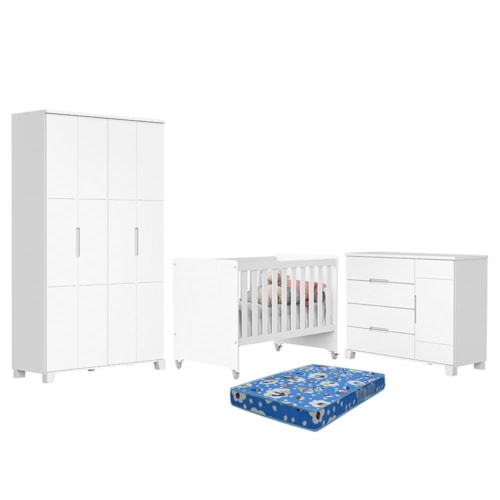 Dormitório Luna Guarda Roupa, Cômoda 1 Porta e Berço Evolution Branco Fosco com Colchão Baby Physical - Reller Móveis