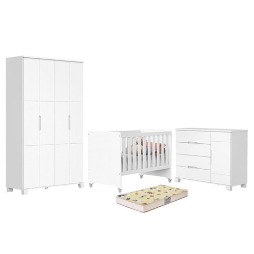 Dormitório Luna Guarda Roupa, Cômoda 1 Porta e Berço Evolution Branco Fosco com Colchão Supreme - Reller Móveis