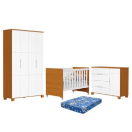 Dormitório Luna Guarda Roupa, Cômoda 1 Porta e Berço Evolution Branco Fosco/Savana com Colchão Baby Physical - Reller Móveis