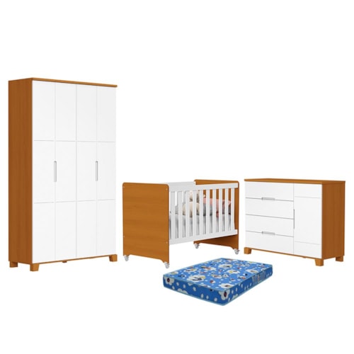 Dormitório Luna Guarda Roupa, Cômoda 1 Porta e Berço Evolution Branco Fosco/Savana com Colchão Baby Physical - Reller Móveis
