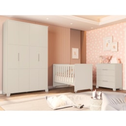Dormitório Luna Guarda Roupa, Cômoda 4 Gavetas e Berço Evolution Areia Fosco com Colchão Baby Physical - Reller Móveis