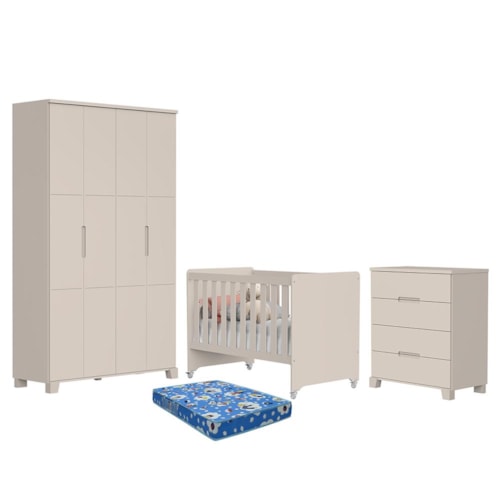 Dormitório Luna Guarda Roupa, Cômoda 4 Gavetas e Berço Evolution Areia Fosco com Colchão Baby Physical - Reller Móveis