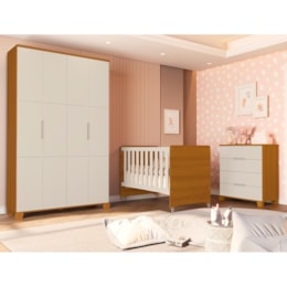 Dormitório Luna Guarda Roupa, Cômoda 4 Gavetas e Berço Evolution Areia Fosco/Savana com Colchão Baby Physical - Reller Móveis