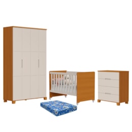 Dormitório Luna Guarda Roupa, Cômoda 4 Gavetas e Berço Evolution Areia Fosco/Savana com Colchão Baby Physical - Reller Móveis