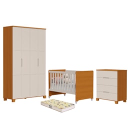 Dormitório Luna Guarda Roupa, Cômoda 4 Gavetas e Berço Evolution Areia Fosco/Savana com Colchão Supreme - Reller Móveis