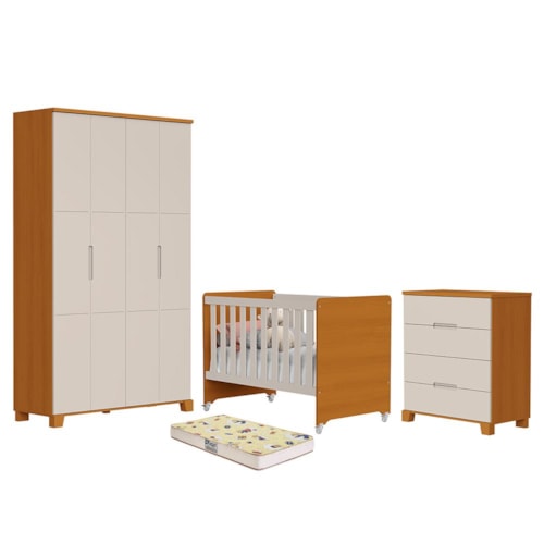 Dormitório Luna Guarda Roupa, Cômoda 4 Gavetas e Berço Evolution Areia Fosco/Savana com Colchão Supreme - Reller Móveis