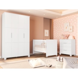 Dormitório Luna Guarda Roupa, Cômoda 4 Gavetas e Berço Evolution Branco Fosco com Colchão Baby Physical - Reller Móveis