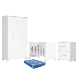 Dormitório Luna Guarda Roupa, Cômoda 4 Gavetas e Berço Evolution Branco Fosco com Colchão Baby Physical - Reller Móveis