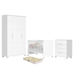Dormitório Luna Guarda Roupa, Cômoda 4 Gavetas e Berço Evolution Branco Fosco com Colchão Supreme - Reller Móveis