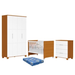Dormitório Luna Guarda Roupa, Cômoda 4 Gavetas e Berço Evolution Branco Fosco/Savana com Colchão Baby Physical - Reller Móveis