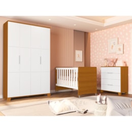 Dormitório Luna Guarda Roupa, Cômoda 4 Gavetas e Berço Evolution Branco Fosco/Savana com Colchão Supreme - Reller Móveis