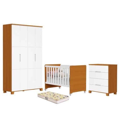 Dormitório Luna Guarda Roupa, Cômoda 4 Gavetas e Berço Evolution Branco Fosco/Savana com Colchão Supreme - Reller Móveis