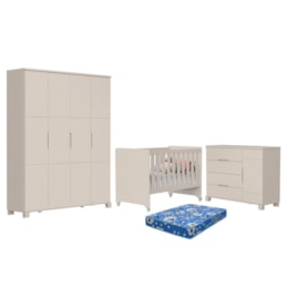 Dormitório Luna Max Guarda Roupa, Cômoda 1 Porta e Berço Evolution Areia Fosco com Colchão Baby Physical - Reller Móveis