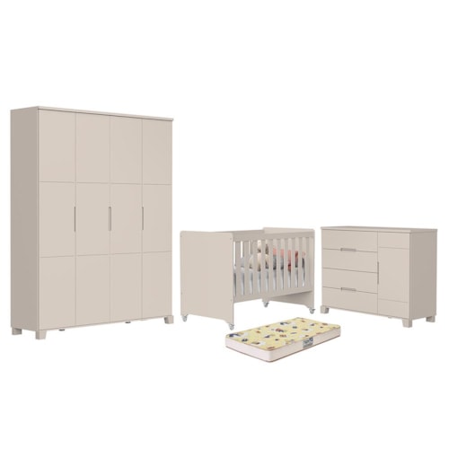Dormitório Luna Max Guarda Roupa, Cômoda 1 Porta e Berço Evolution Areia Fosco com Colchão Supreme - Reller Móveis