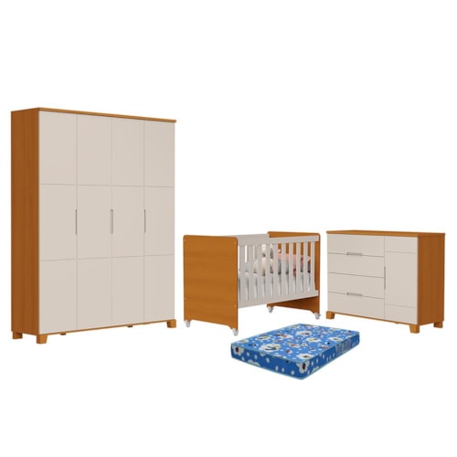Dormitório Luna Max Guarda Roupa, Cômoda 1 Porta e Berço Evolution Areia Fosco/Savana com Colchão Baby Physical - Reller Móveis