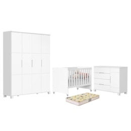 Dormitório Luna Max Guarda Roupa, Cômoda 1 Porta e Berço Evolution Branco Fosco com Colchão Supreme - Reller Móveis