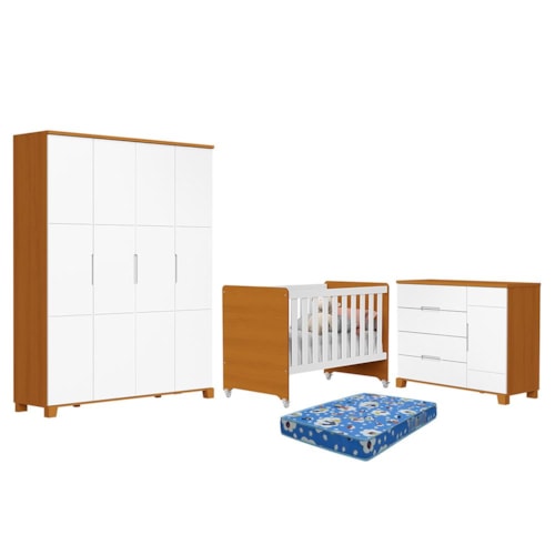 Dormitório Luna Max Guarda Roupa, Cômoda 1 Porta e Berço Evolution Branco Fosco/Savana com Colchão Baby Physical - Reller Móveis