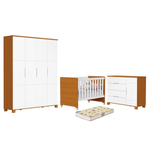 Dormitório Luna Max Guarda Roupa, Cômoda 1 Porta e Berço Evolution Branco Fosco/Savana com Colchão Supreme - Reller Móveis