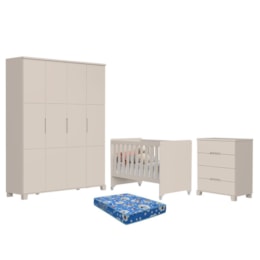 Dormitório Luna Max Guarda Roupa, Cômoda 4 Gavetas e Berço Evolution Areia Fosco com Colchão Baby Physical - Reller Móveis