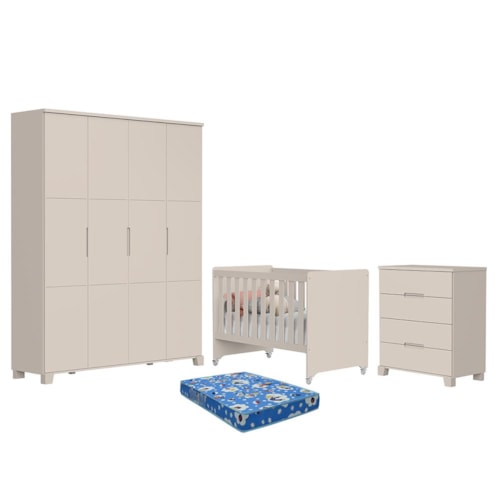 Dormitório Luna Max Guarda Roupa, Cômoda 4 Gavetas e Berço Evolution Areia Fosco com Colchão Baby Physical - Reller Móveis