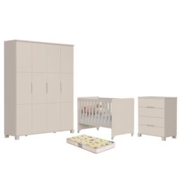 Dormitório Luna Max Guarda Roupa, Cômoda 4 Gavetas e Berço Evolution Areia Fosco com Colchão Supreme - Reller Móveis