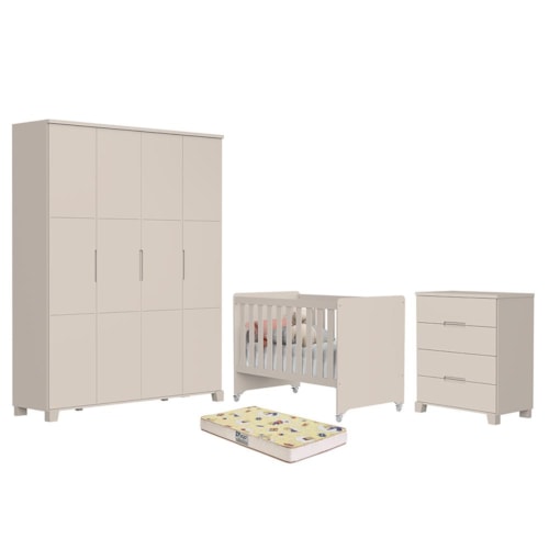 Dormitório Luna Max Guarda Roupa, Cômoda 4 Gavetas e Berço Evolution Areia Fosco com Colchão Supreme - Reller Móveis