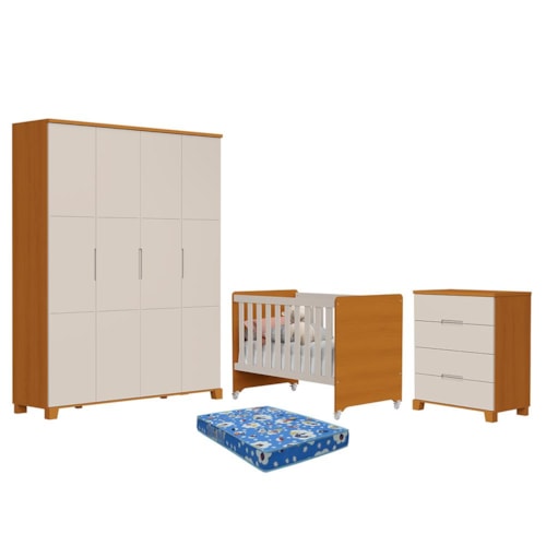 Dormitório Luna Max Guarda Roupa, Cômoda 4 Gavetas e Berço Evolution Areia Fosco/Savana com Colchão Baby Physical - Reller Móveis
