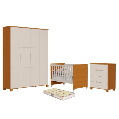 Dormitório Luna Max Guarda Roupa, Cômoda 4 Gavetas e Berço Evolution Areia Fosco/Savana com Colchão Supreme - Reller Móveis