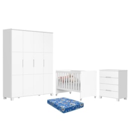Dormitório Luna Max Guarda Roupa, Cômoda 4 Gavetas e Berço Evolution Branco Fosco com Colchão Baby Physical - Reller Móveis