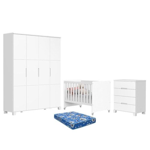 Dormitório Luna Max Guarda Roupa, Cômoda 4 Gavetas e Berço Evolution Branco Fosco com Colchão Baby Physical - Reller Móveis