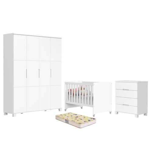 Dormitório Luna Max Guarda Roupa, Cômoda 4 Gavetas e Berço Evolution Branco Fosco com Colchão Supreme - Reller Móveis