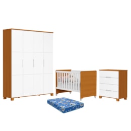 Dormitório Luna Max Guarda Roupa, Cômoda 4 Gavetas e Berço Evolution Branco Fosco/Savana com Colchão Baby Physical - Reller Móveis 