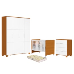 Dormitório Luna Max Guarda Roupa, Cômoda 4 Gavetas e Berço Evolution Branco Fosco/Savana com Colchão Supreme - Reller Móveis